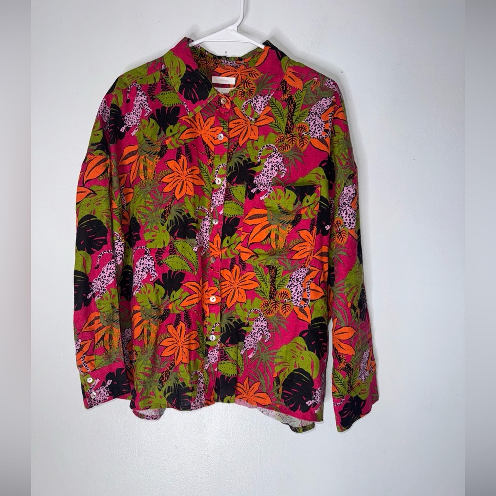 c c‎ california 1X Collar Button Down Linen Colorful Palm Leaf Jungle Print